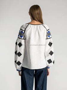 Low Factory Price Stunning Bohemian Geometric Embroidery Linen Blouse Simply Formal Ukrainian <b>Balloon</b> Sleeves Raglan Cotton Top - Product Image 4