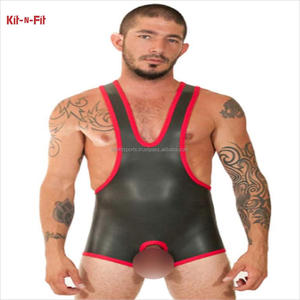 Néoprène Ouvert Entrejambe Lutte Singulet Body Noir Rouge - Product Image 1