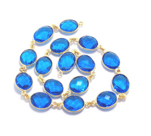 Topaze bleue forme ovale connecteur de lunette plaqué or 24K lunette de pierres précieuses fait à la main pierre naturelle chaîne de pierre de naissance - Product Image 1