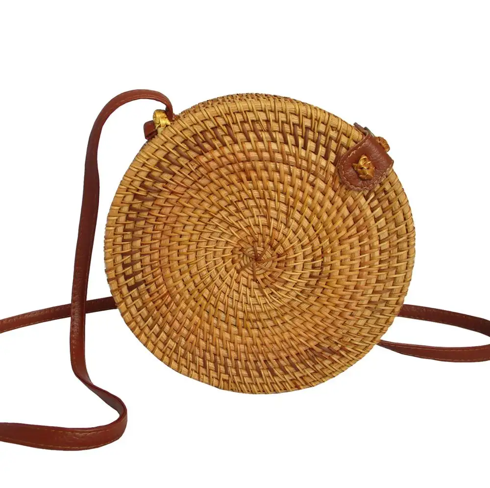 Вьетнамская Женская круглая плетеная Сумка из ротанга с кожаным ремешком другого типа, универсальная сумка-тоут и сумка через плечо