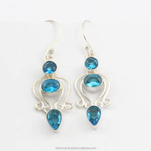 <b>Blue</b> <b>Topaz</b> Gemstone Silver Dangle <b>Earrings</b> Anniversary Gift For Her Handmade Jewelry 925 Sterling Silver ODM OEM Bulk <b>Earrings</b> - Product Image 3