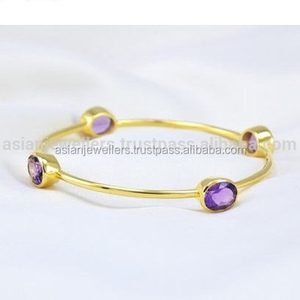 Amethyst Quartz gemstone 925 sterling silver vermeil gold bangle - Product Image 1