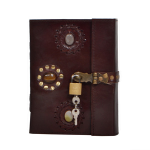Three Stone Embedded Hardcover Genuine Leather Journal Handmade Notebook Vintage Style Blank Diary With Latch Brass Lock And Key - Product Image 1