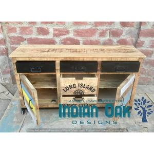 Aparador de buffet antiguo de metal rústico de diseño elegante desgastado de madera recuperada de roble macizo, dos puertas, cinco cajones, muebles de comedor para el hogar - Product Image 2