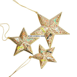 Gold and multicolor hand-painted star ornaments with birds and floral designs, perfect for festive home decor - Product Image 1