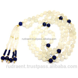 Collier de yoga en pierre de lune blanche et lapis-lazuli, fait à la main par un artiste indien, perles nouées, collier religieux pour femmes - Product Image 4