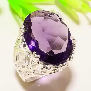 令人兴奋的紫水晶手工民族风手工925纯银戒指5.5