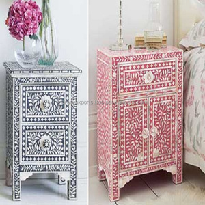 Armoire de chevet moderne en bois de manguier massif noir avec incrustation d'os pour la maison, la cuisine ou la salle de bain. - Product Image 2