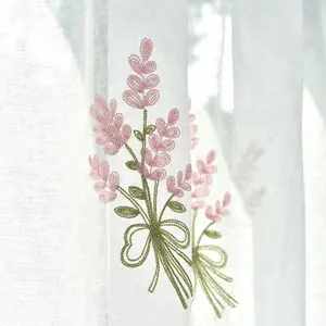 Rideaux en lin extra-fin brodé blanc, à motif coloré - Product Image 1