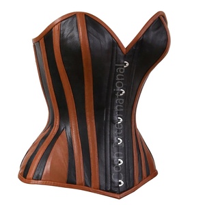 Overbust Steelboned Black Leather Corset With Orange Leather Boning and <b>Trim</b> - Product Image 1