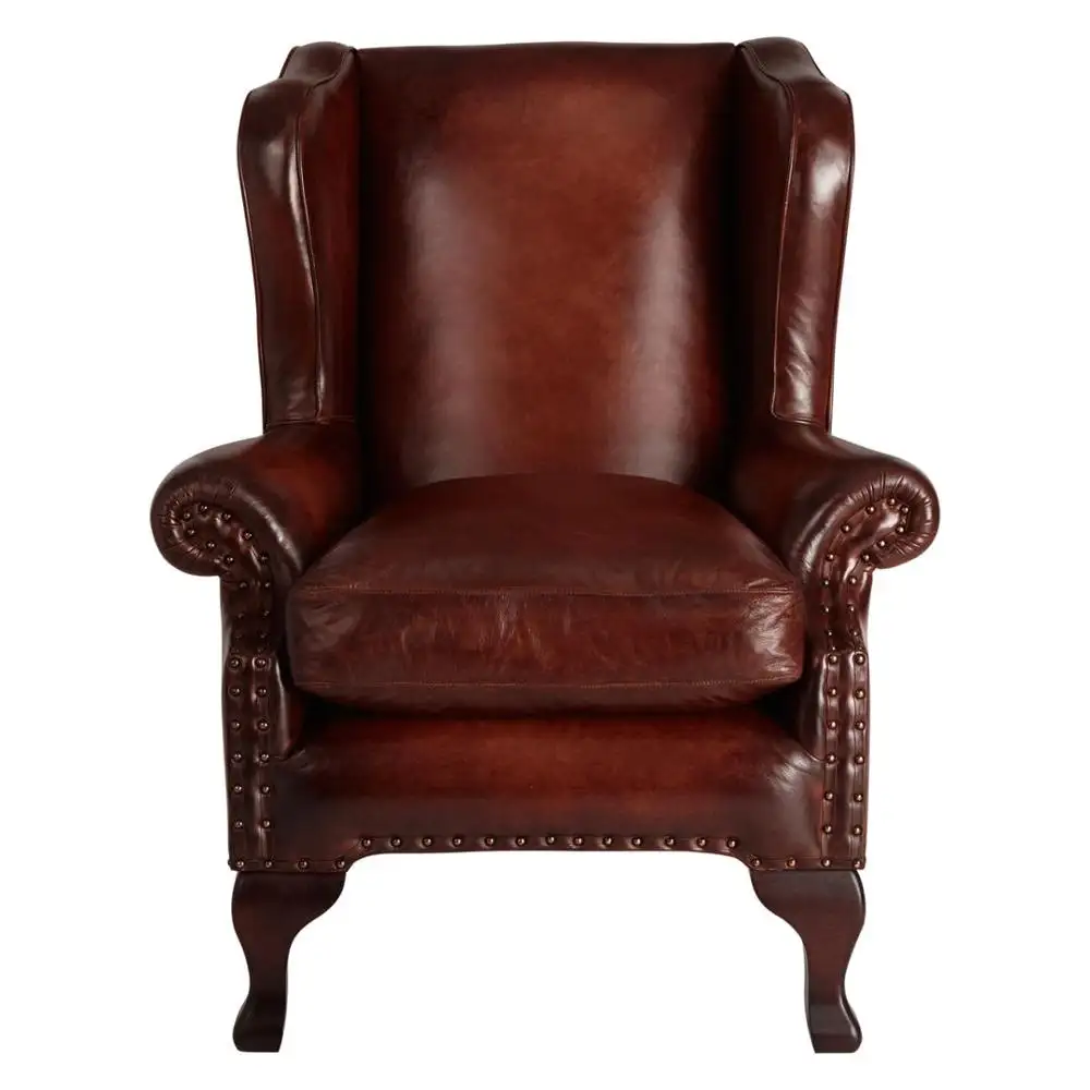 Leather Wing Armchair、Hand Antiqued革椅子