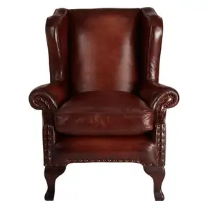 Leer Wing Fauteuil, Hand Antiqued Lederen Stoel