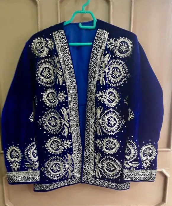 Blue velvet Fabric hand embroidered Jacket