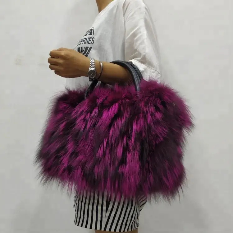 Women Winter Sliver Fox Fur Shoulder Bag Large Tote Clutch Purse Handbag