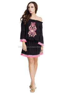 Tunique courte de plage très élégante brodée, vêtement de qualité supérieure, avec manches à cloche et épaules dénudées, de Style bohème et Cover-Up - Product Image 4