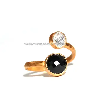 925 Sterling Silver Cincin Vermeil Emas Pahat Tangan Batu Permata Kuarsa Bening & Onyx Hitam Perak