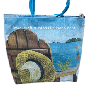 Jute Shopping <b>Bag</b> with Geometric Pattern Mini Size Rope Handle Daily Use Lowellcraft JBB05631 - Product Image 3