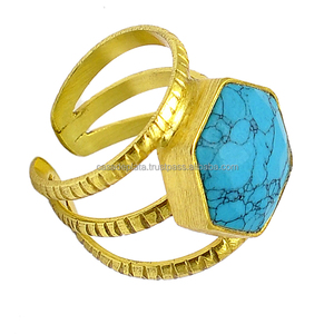 Anillo de Plata de Ley 925 con Turquesa Corte Hexagonal, Bañado en Oro, con Engaste Fino, Moderno, para Regalo de Boda o Fiesta, para Mujer - Product Image 4