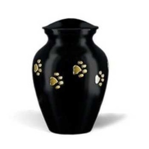 Magnifiques urnes funéraires en métal laiton/aluminium pour cendres funéraires, avec empreinte de patte d'animal de compagnie, couleur noir foncé - Product Image 1