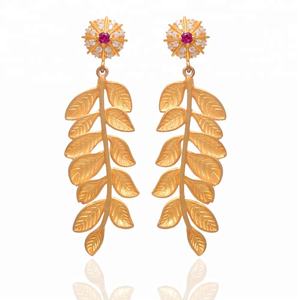 925 Solid <b>Sterling</b> <b>Silver</b> Leaf Gold Handmade Vintage Natural Classic Design 18k Gold Plated Jewelry <b>Dangle</b> <b>Earrings</b> For Woman - Product Image 2