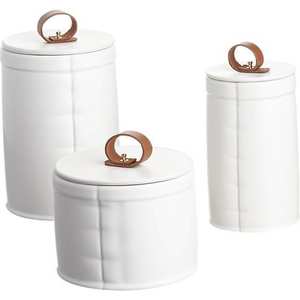 Boîte de conserve design vintage en métal enduit de poudre blanche avec couvercle en cuir Ensembles de boîtes de rangement pour aliments pour la maison et la cuisine - Product Image 1