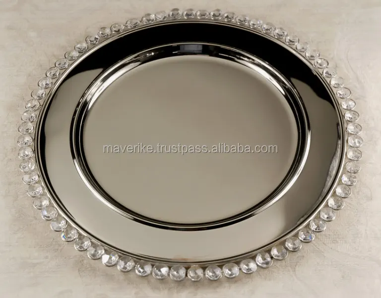 Modern Silver Round Crystal Beaded Border Charger Plate for Party Dinner Servers Dinner Plates for Tabletop Decor