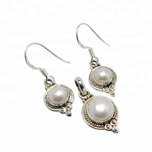 Moda Vintage esterlina 925 Plata Perla piedra preciosa pendiente colgante conjunto hermosa joyería fina - Product Image 1