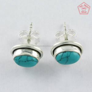 Boucles d'oreilles en argent sterling 925 faites à la main avec pierre turquoise ovale Mariage et cadeau Idéal Grossiste en Inde - Product Image 2