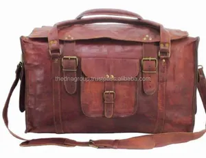 Classic natural finish genuine goat leather travel shoulder bag