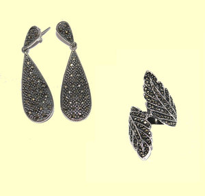 925 plata esterlina alta calidad marcasita corte facetado piedra preciosa pendiente anillo joyería conjunto - Product Image 1