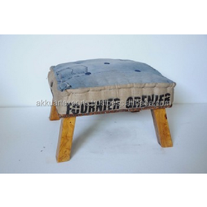 Tabouret en bois et toile Ottoman |   Meubles de salon style loft industriel |   Sièges vintage en bois massif faits à la main et recyclés - Product Image 3