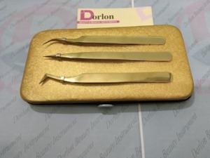 Pince à épiler professionnelle droite et semi-courbée pour extensions de cils avec étui, pince à épiler noire dorée pour cils volumineux - Product Image 3