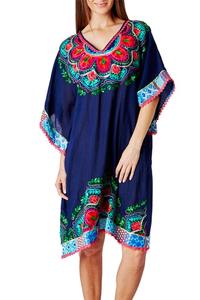 Robe Tunique Bohème Été Frais à Broderie Florale, Coupe Trapèze, Bleu Vibrant, Cache-Maillot de Bain, Décoration Dentelle, Col en V, Coupe Décontractée, Plage et Soleil - Product Image 3