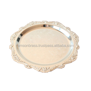 Elégant et luxueux design indien, plaque de service ronde en métal doré brillant avec bordure design, hôtel polyvalent pour la maison - Product Image 6