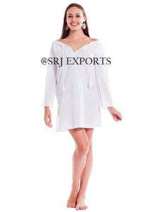 Traditional Oriental Charm Mint White Contrast Embroidered European Women Sexy <b>Beach</b> Long Sleeve 100% Cotton V-neck Mini Dress - Product Image 2