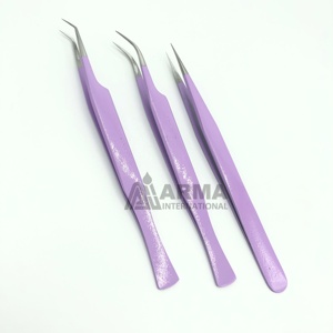 Pinzas para pestañas con recubrimiento en polvo púrpura claro de alta calidad, pinzas para extensión de pestañas de acero inoxidable con etiqueta privada, volumen - Product Image 3