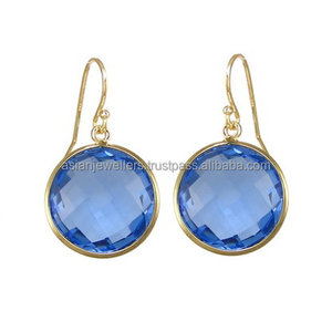 925 <b>sterling</b> <b>silver</b> Vermeil gold Sapphire Quartz Bezel <b>earrings</b> - Product Image 1