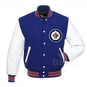 Chaqueta Universitaria Personalizada con Letras Azules, Blancas y Rojas, Chaqueta Universitaria de Béisbol de Lana con Mangas de Cuero - Product Image 1