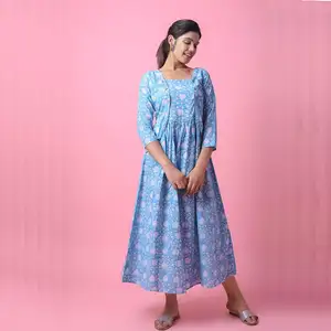 New女性綿Summer Partywear EveningロングBlueマキシドレスとジャケット