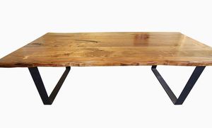 Table à manger en noyer à bords purs, pieds en fer plats, Look naturel en noyer - Product Image 2