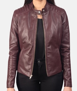 Chaqueta de motociclista de cuero granate, prendas de vestir exteriores de moda para mujer, piel de cordero genuina suave, cómoda y elegante, uso diario - Product Image 2