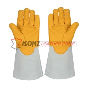 Gants de soudage TIG en cuir de vachette jaune personnalisés, à manchette droite, épaisseur 1,2 mm, 14 pouces, pour soudeur à l'argon, grillades et four - Product Image 2