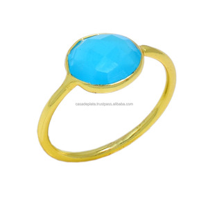 Solide. Bague en argent sterling 925 calcédoine bleue plaqué or Style unisexe classique pour cadeau de fiançailles bijoux de fête - Product Image 1