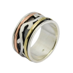 แหวนสปินเนอร์สามโทนสีเงิน925งานทำมือแหวนเวอร์เมลทนทานดีไซน์ใหม่ขายส่งและผู้ผลิต - Product Image 1