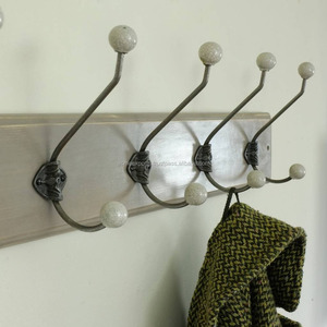 Double Robe Ceramic Knobs Coat <b>Hanger</b> With Wooden <b>Wall</b> <b>Plate</b> Hooks With Round Ceramic Knobs Ball Shape - Product Image 3