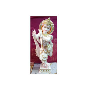 Estatua decorativa de mármol blanco, flauta de baile de Krishna - Product Image 1