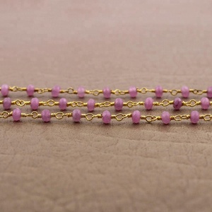 Magnifique collier en jade rose, perles rondes naturelles de 3-4 mm, fil plaqué or, chaîne de chapelet faite à la main, fabrication de bijoux - Product Image 3