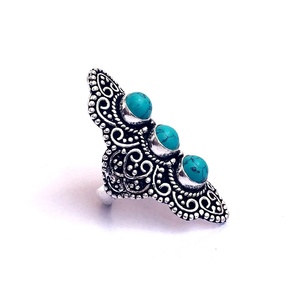 Trois Pierres Bague En Argent Turquoise Bague Lunette Fait Main Bague de réglage - Product Image 2