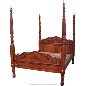 Mueble clásico, reproducción antigua, cama con póster de cuatro bases, reproducción antigua de caoba Indonesia