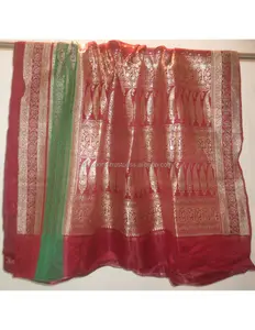 แฮนด์เมดวินเทจ Banarasi Puri ผ้าไหม Zari ทำงานสารี